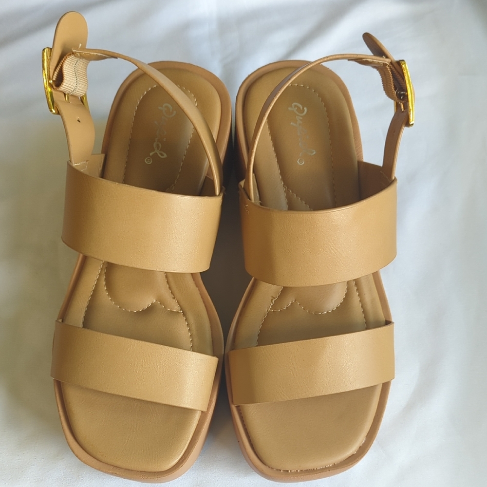 Qupid Tan  Platform Sandals with Gold Buckle Size 6